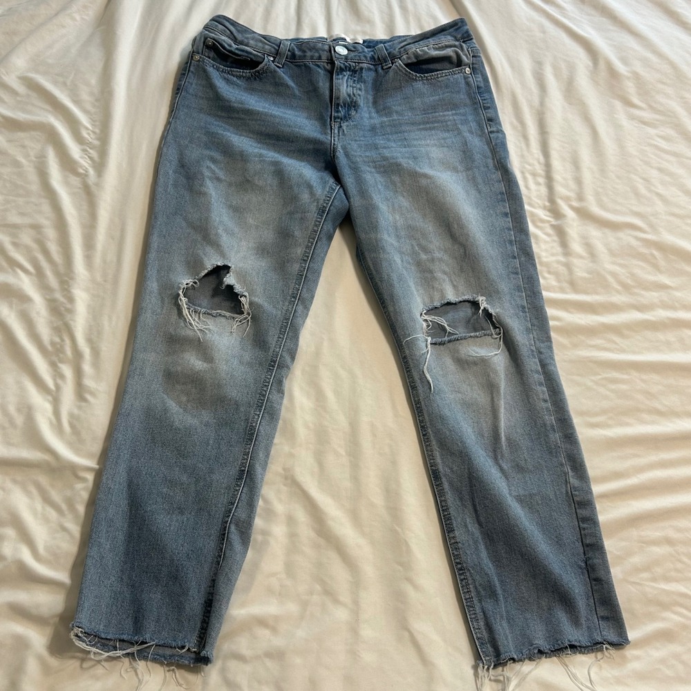 LC Lauren Conrad Skinny Ankle Distressed Jeans Medium Wash Blue Raw Hem Size 12